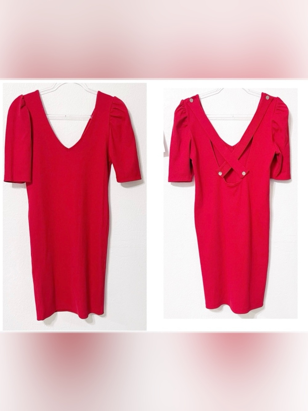 NEW ASOS Red Sheath Dress Puff Sleeves Deep V-Neck Crisscross Straps Gold Button